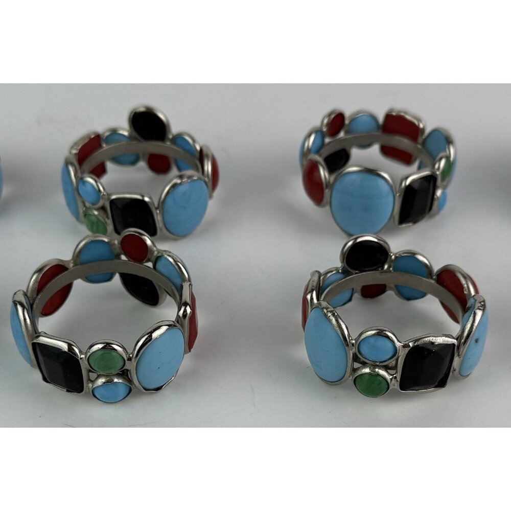 Vtg Multi-Colored Stones w/Silver Tone Napkin Rings Southwestern Boho Set of 4